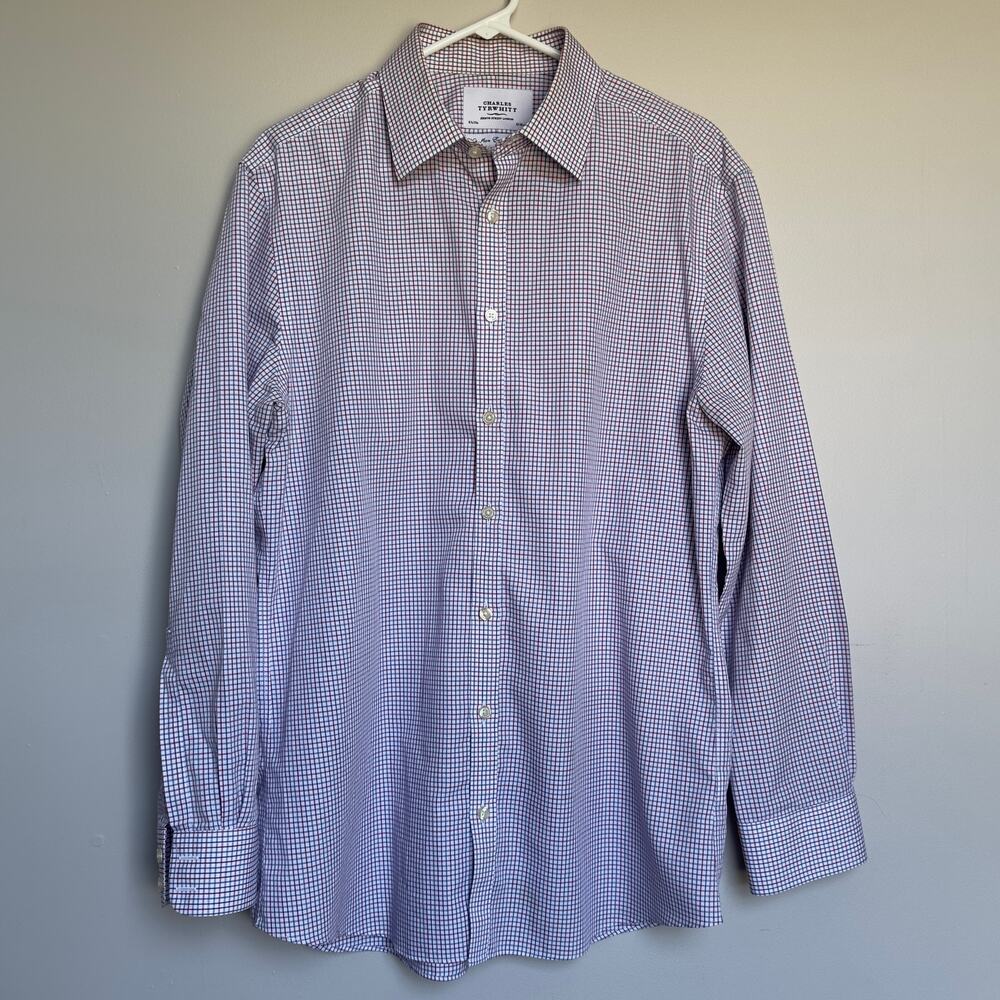 Charles Tyrwhitt Shirt 16.5 34 Extra Slim Non Iron Red Blue Check 100% Cotton